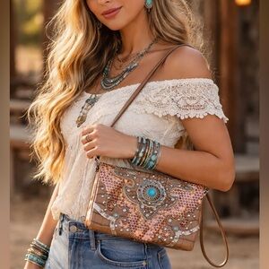 Cowgirl Trendy Boho Embellished Crossbody Bag in Brown with Turquoise Accent